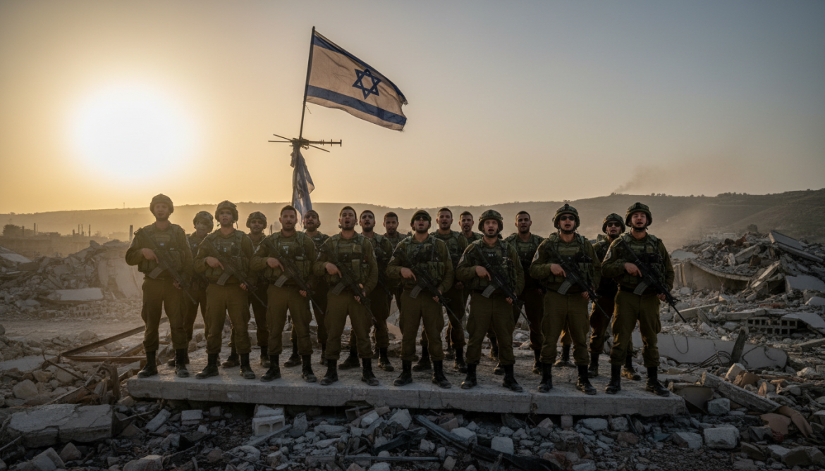 Israeli soldiers sing national anthem atop ruins of southern Lebanon town