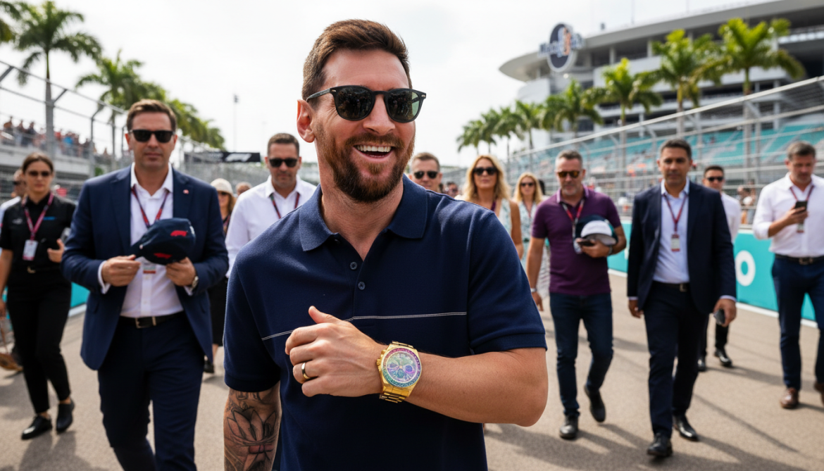 Lionel Messi Sports Rare Rolex Cosmograph Daytona Rainbow at Miami Grand Prix