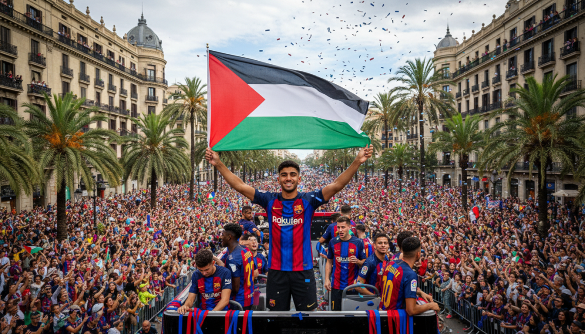 Barcelona star Lamine Yayal waves Palestinian flag during La Liga title parade