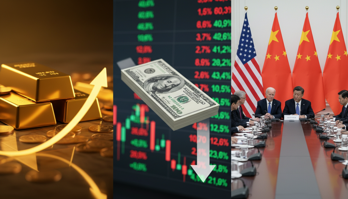 Gold rises as dollar falls and markets eye Trump Xi talks