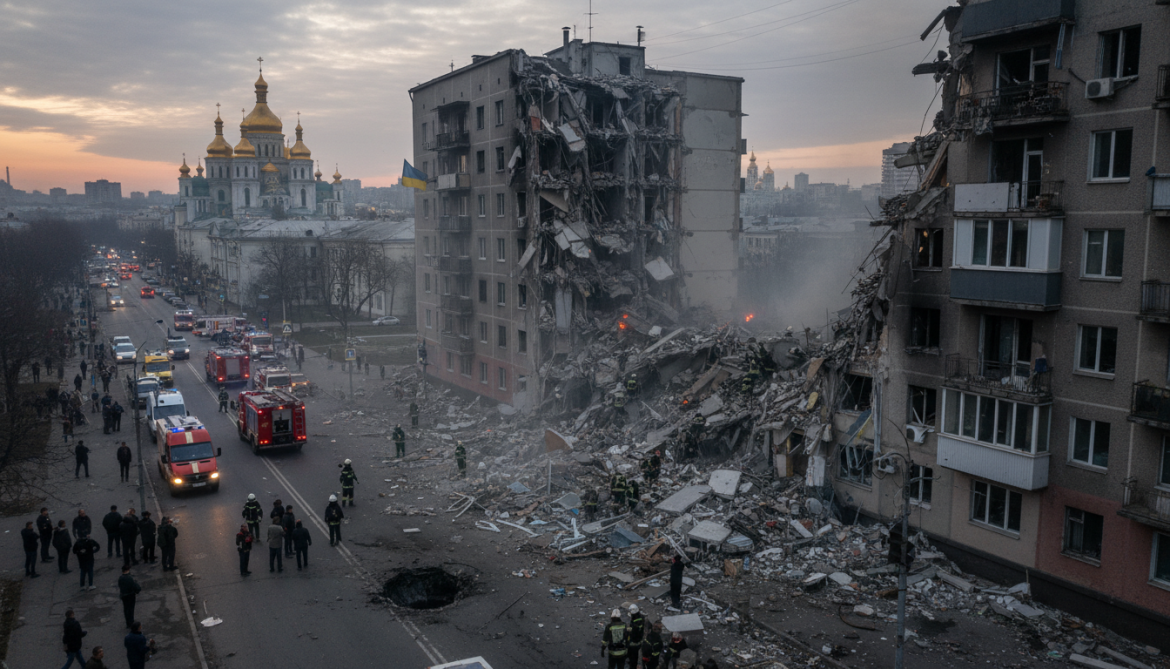 Russia Strikes Kyiv With Drones and Missiles as Building Partially Collapses