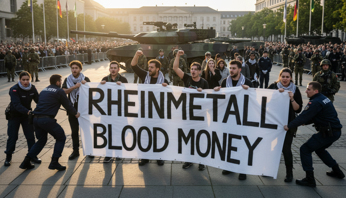 Pro-Palestine activists interrupt German Armed Forces Day and unfurl banner naming Rheinmetall