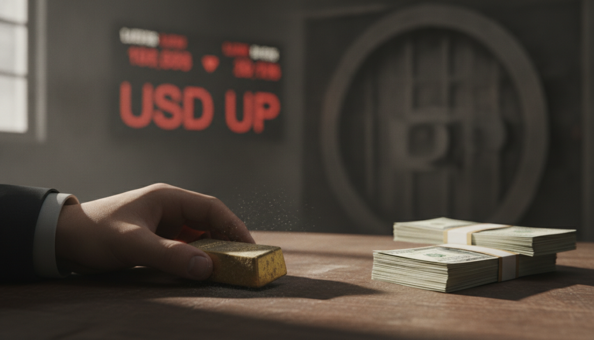Gold falls to near seven-month low as dollar strengthens