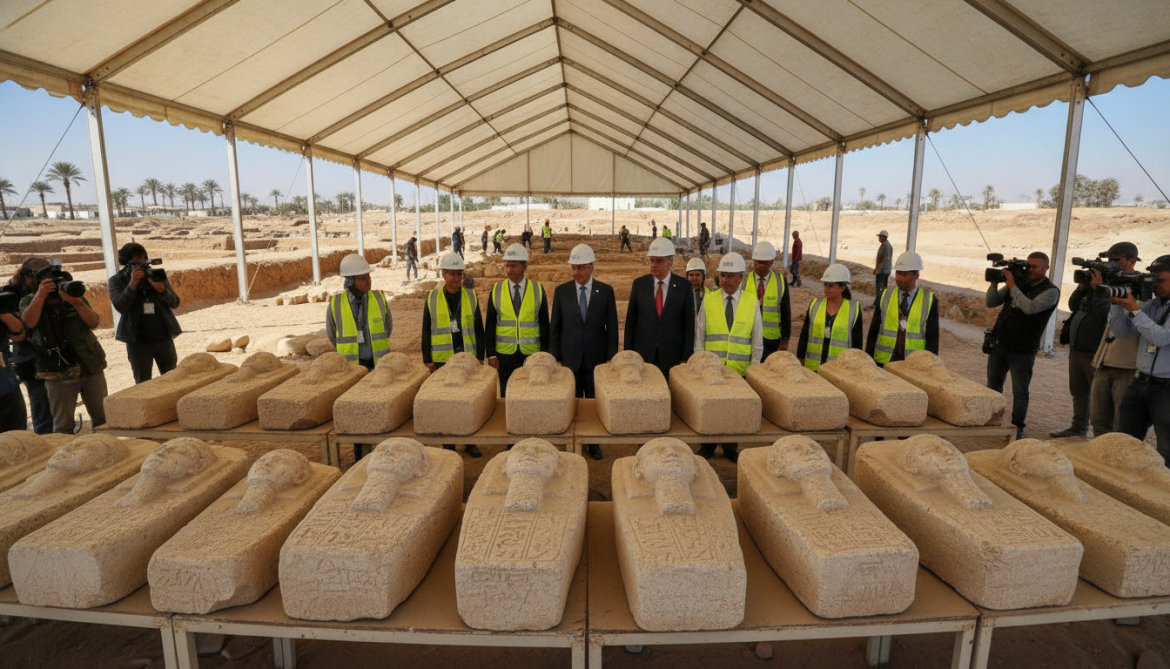 Egyptian Antiquities Ministry unveils 20 anthropoid limestone tombstones at Tell el-Deir Damietta