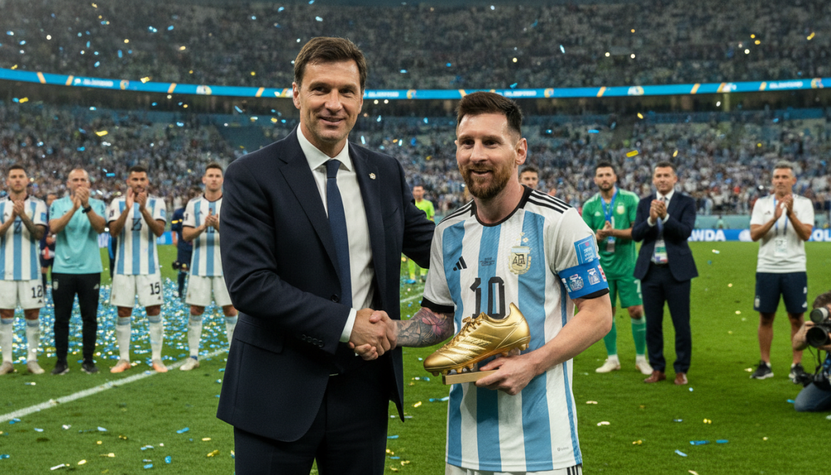Miroslav Klose congratulates Lionel Messi after breaking World Cup scoring record